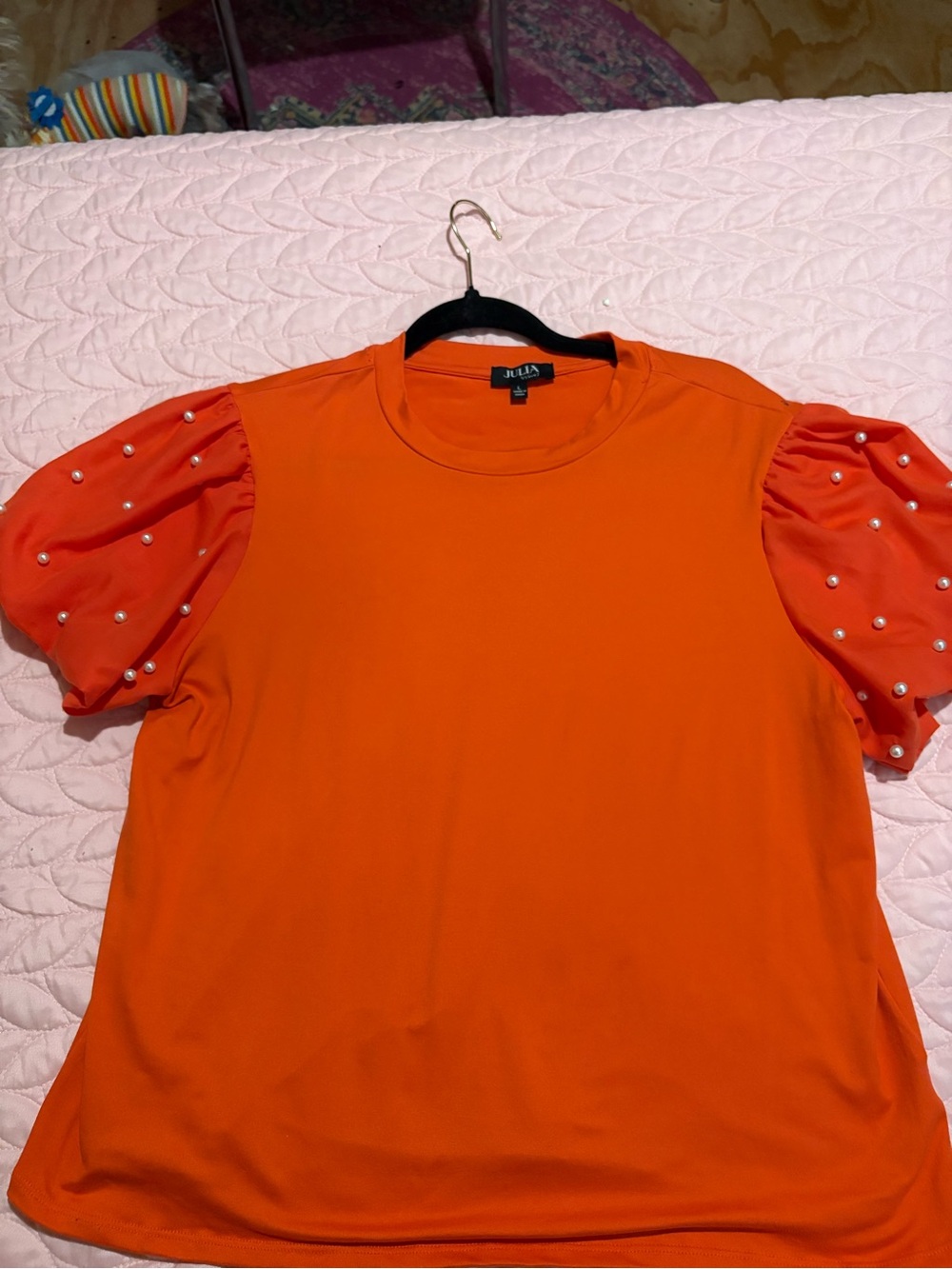 Women's Orange Puff Sleeve Pearl-Accent Top